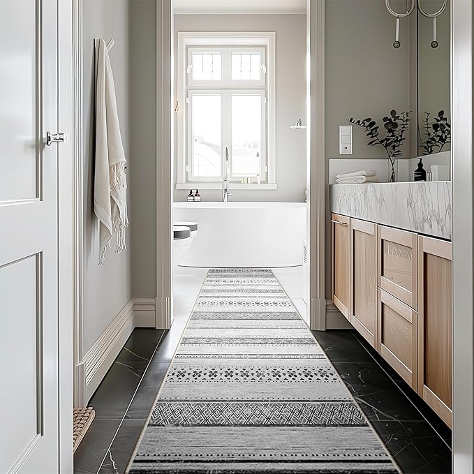 BESTSWEETIE 2x8 Area Rugs for Living Room Washable Moroccan Farmhouse Neutral Geometric Low Pile Non-Slip Soft Print Pattern Rug for Bedroom Kitchen Dining Room Entryway Grey/Black/Navy