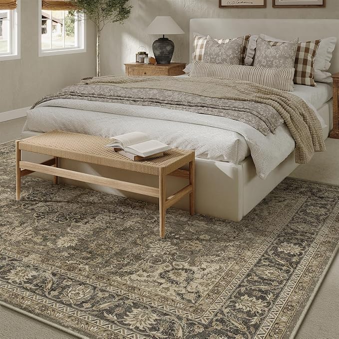 9x12 Brown Area Rug Vintage Living Room Bedroom Washable Carpet Non-Slip Soft Low Pile Distressed Indoor Large Throw Rug for Dining Room Office