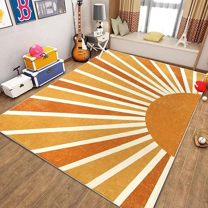 Rainbow Sun Area Rug,4x5ft,Boho Kids Room Area Rug, Living Room Decorative Rainbow Rug for Kids Girls Boys Bedroom, Living Room, Classroom, Office Non-Slip Washable