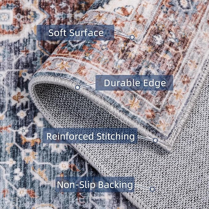 Rugs 5x7 Washable Rug, Non Slip Large Rug for Living Room Bedroom Dining Room, Low-Pile Kid & Pet Friendly Distressed 5x7 Carpet Print Floor (Border Brown/Navy Blue)