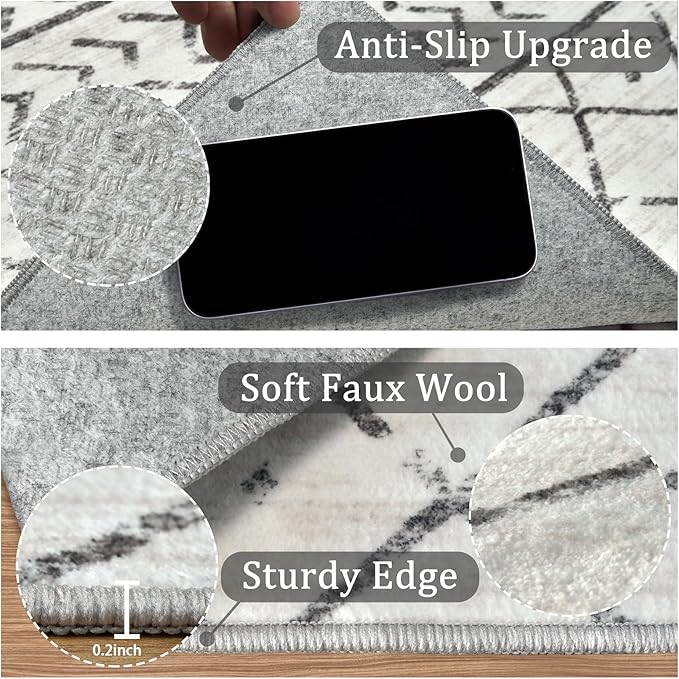 2x3 Machine Washable Area Rug for Entryway, Grey White Vintage Moroccan Rug Non-Slip Low Pile Soft Faux Wool Small Carpet, Kids and Pets Friendly for Bedroom Kitchen Hallway Home Decor Rug