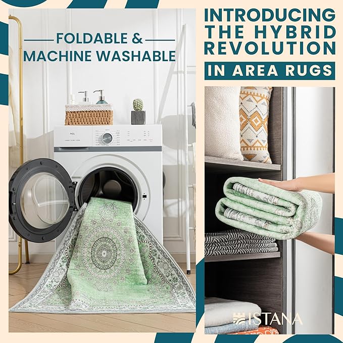 Istana Hallway Runner Rug 2.5x8 - Green Kitchen Rugs Non Slip Washable -Silk's Soft Touch Carpet Runner - Stylish Rugs for Home