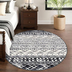 KUTA 6Ft Round Boho Rug for Living Room, Moroccan Washable Circle Area Rugs Non Slip, Black Navy Blue Soft Geometric Bedroom Throw Low-Pile Carpet for Nursery Dorm
