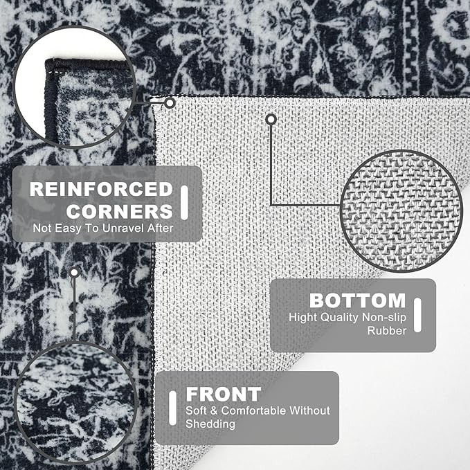 KILOCOCO Washable Runner 2x6 Rug Runner Printed Vintage Floral Kitchen Runners Non-Slip Rubber Backed Runners for Hallways Distressed Thin Soft Rugs for Entryway Laundry Room, Black/Navy/White