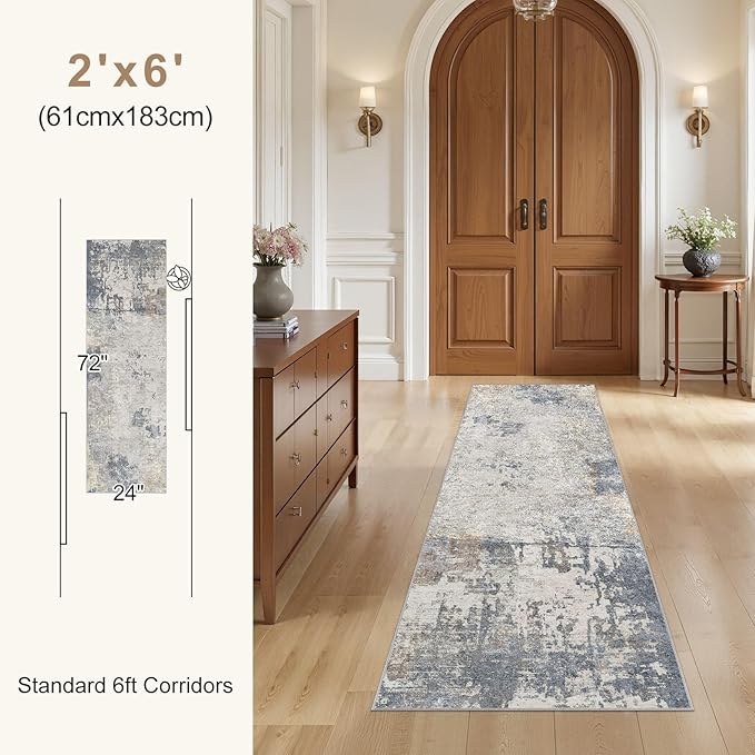 2X6 Washable Runner Rug for Hallway: Soft Neutral Modern Abstract Area Rug - Non-Slip Low Pile Long Throw Indoor Carpet for Kitchen Entryway Kitchen Bedroom Laundry Bathroom- Blue Grey