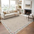 GarveeHome 4x6 Area Rugs for Bedroom Living Room Machine Washable Rugs Floral Bordered Small Carpet Non-Slip Stain Resistant Accent Carpet for Dining Room Table Apartment Office, Light Camel