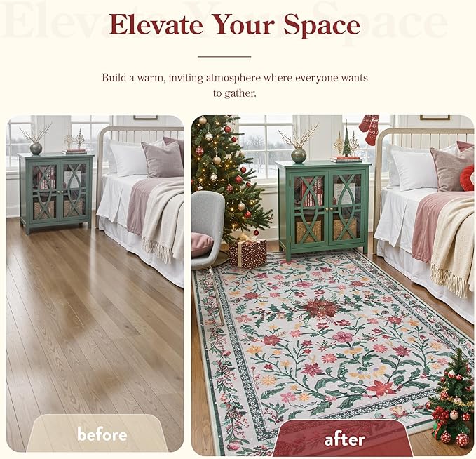 Lahome 5x7 Christmas Rug for Living Room, Boho Soft Rugs for Bedroom Decor Aesthetic, Washable Holly Berries Area Rug for Dining Room Fireplace Apartment Rustic Decor