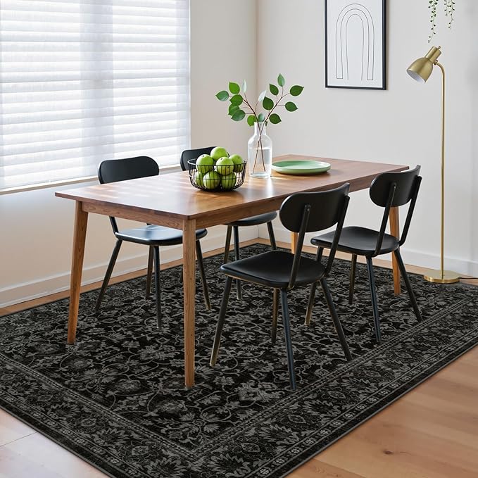 LIVEBOX Washable Area Rug 8x10 - Large Black Boho Living Room Rug Vintage Rugs for Bedroom, Non-Slip Retro Floral Carpet Print Distressed Accent Rugs for Dining Room Home Office