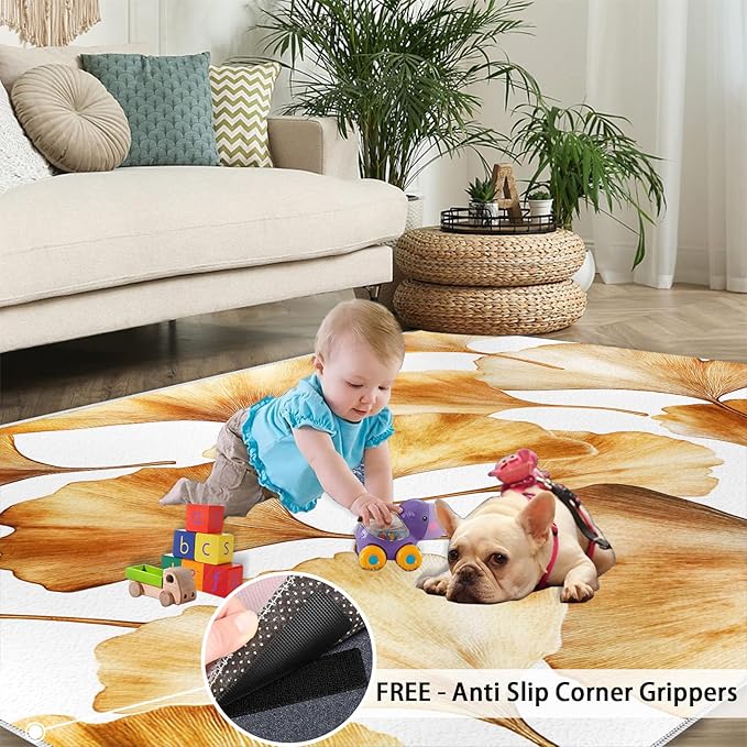 Golden Leaf Rugs for Bedroom - 6x8 Area Rug - 3D Ginkgo Leaf Rugs for Living Room, Modern Simple Art Rug, Non-Slip Washable Home Decor Carpet