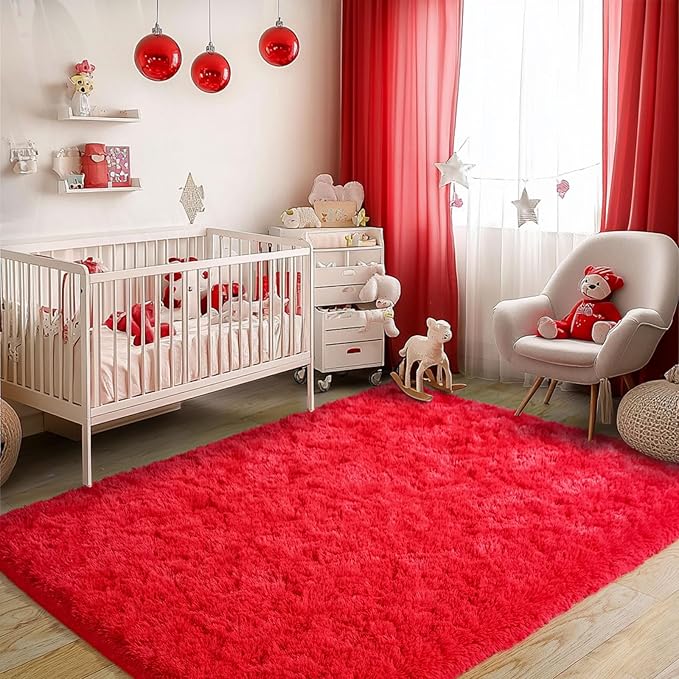Red Fluffy Rug Plush Carpet for Bedroom Dorm, Non-Slip High Pile Rug, Shag Rug for Playroom Nursery Home Office Decor 8X10 Ft