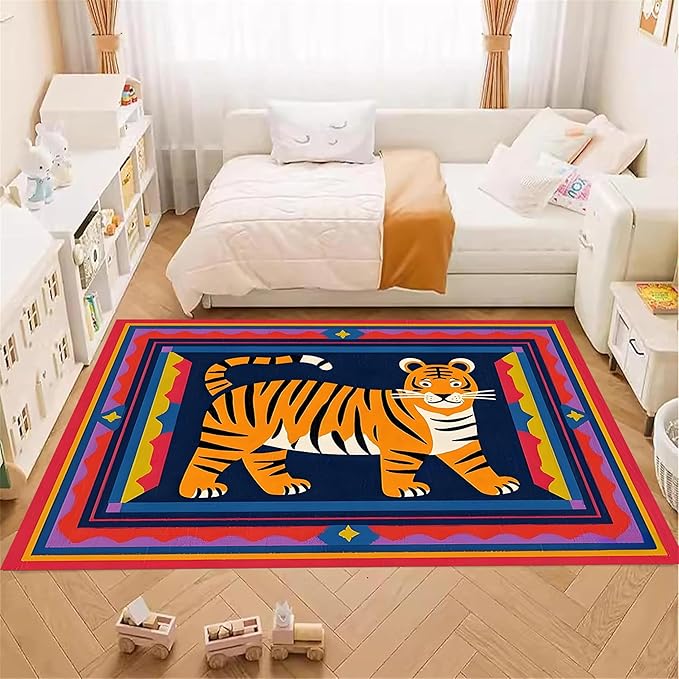 Cartoon Tiger Area Rug, 5x7ft,Tiger Theme Decorative Rug Suitable for Living Room Sofa Area, Modern Abstract Non-Slip Washable Tiger Pattern Rug Suitable for Bedroom Children's Room Decoration