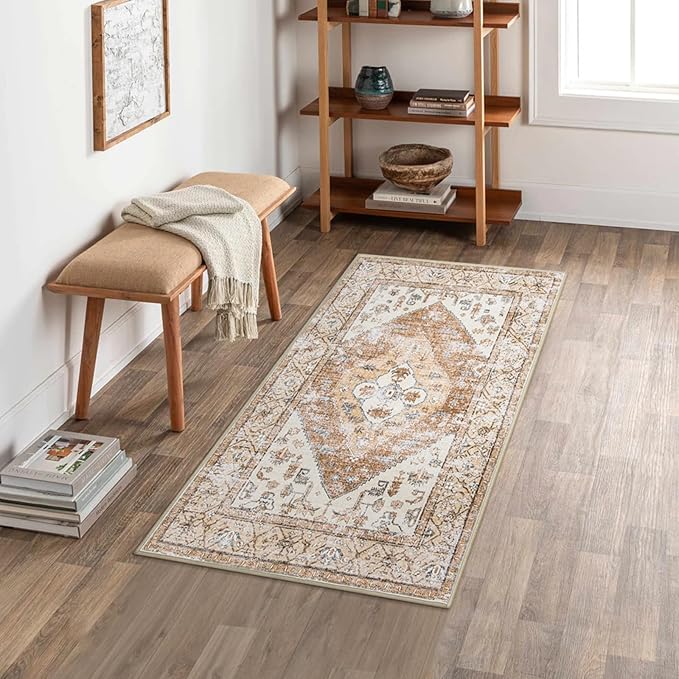 Lahome Boho 2x4 Rug Runner, Non-Slip Low-Pile Washable Kitchen Rugs Small Throw Bath Mat Runner, Oriental Accent Print Runners Area Runners for Hallway Bedroom Entryway Kitchen Living, Taupe