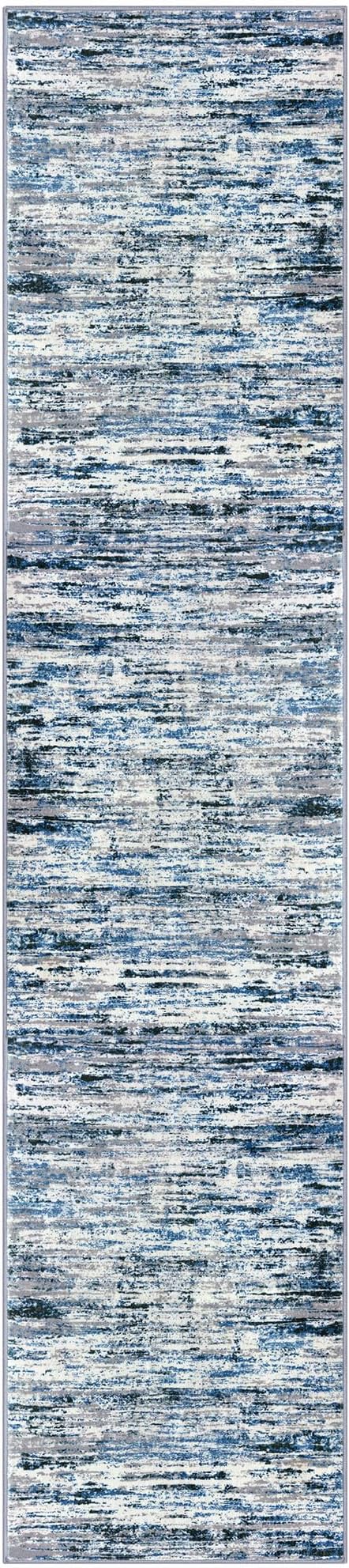 Modern Abstract Runner Rug 2.6x12, Grey Blue White Washable Long Kitchen Runner Non-Slip Soft Hallway Rug Runner Thin Print Faux Wool Carpet for Entryway Bedroom Laundry Room Indoor Home Decor
