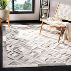 Premium Diamond Pattern Leather Area Rug, Geometric Cowhide Patchwork Carpet - 9X12 ft, Luxury Beige and Grey Non-Slip Floor Accent for Dining Room, Living Room, Hallway