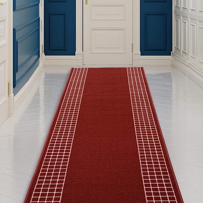 Custom Made Runner Rug for Kitchen Foyer Hallway Entry Choose Your Length 26 Inch Wide Geometric Checkered Design Red Color (23 feet x 26 inch)