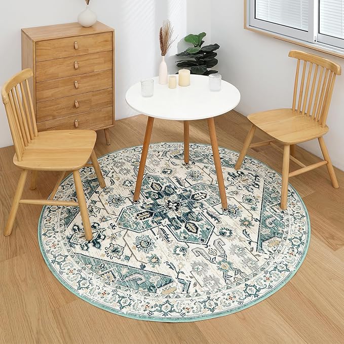 VK VK·LIVING Round Washable Rug 5'Ft Vintage Machine Washable Area Rugs with Non Slip Round Rugs for Living Room Bedroom Traditional Woven Carpet Stain Resistant Dining Office Boho Rug,Green&Beige