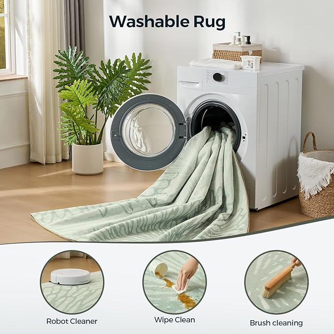 WITSHOCK 9x12 Washable Rug for Living Room,Modern Floral Distress Print Pattern Area Rugs,Stain Resistant with Non Slip Backing Carpet for Dining Room,Bedroom & Home Decor,Green/Light Green