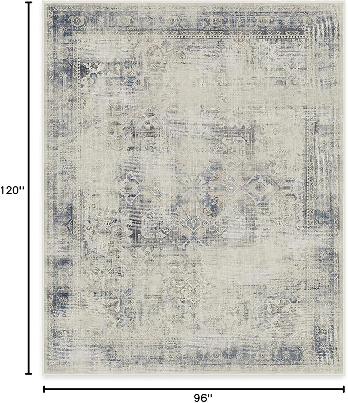 RUGGABLE Washable Vintage Area Rug – Kamran Blue Quartz 8x10, Stain-Resistant, Non-Slip – Large Machine Washable Rugs for Living Room, Bedroom, Hallway, Entryway & Office–with Standard Pad