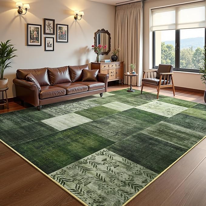 DweIke Washable Area Rugs for Living Room, 4x6 Soft Bedroom Rugs, Geometric Print Non-Slip Modern Rug, Stain Resistant Throw Carpets for Office Nursery Dining Room Home Dorm Decor, Green