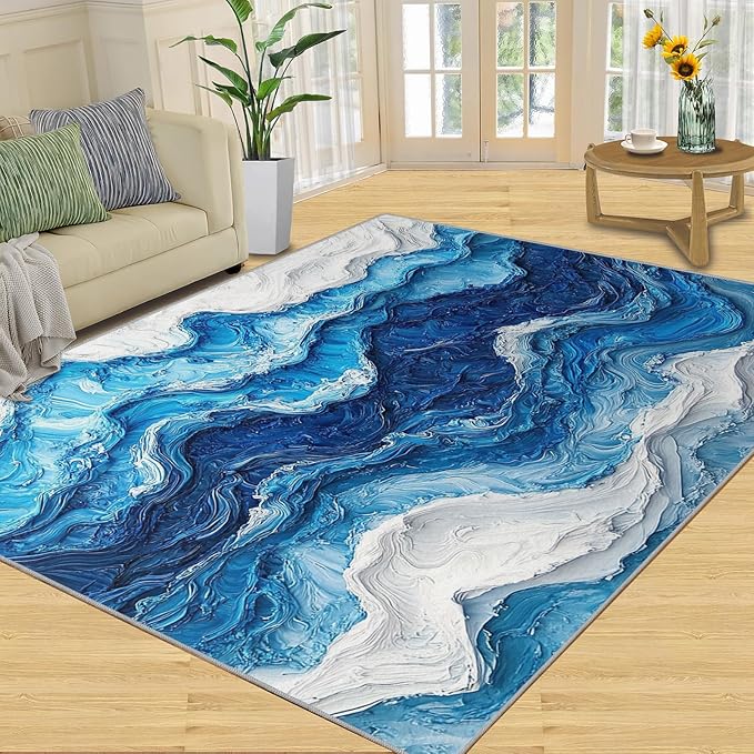3x5 Ocean Waves Dorm Rug - Abstract Waves Small Rugs for Bedroom, Abstract Art Area Rug Washable Non Slip for Bedroom Kitchen Living Room Entryway