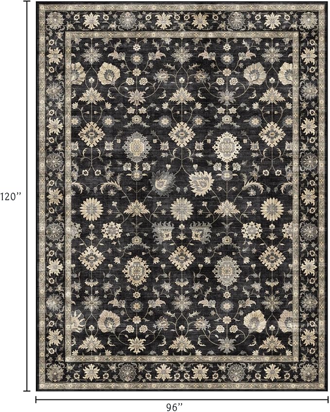 Washable Area Rug 8x10 - Large Charcoal Black Boho Rugs for Living Room Soft Vintage Bedroom Rug Ultra-Thin Traditional Floral Carpet Moody Farmhouse Rug for Dining Room Guest Room Home Decor