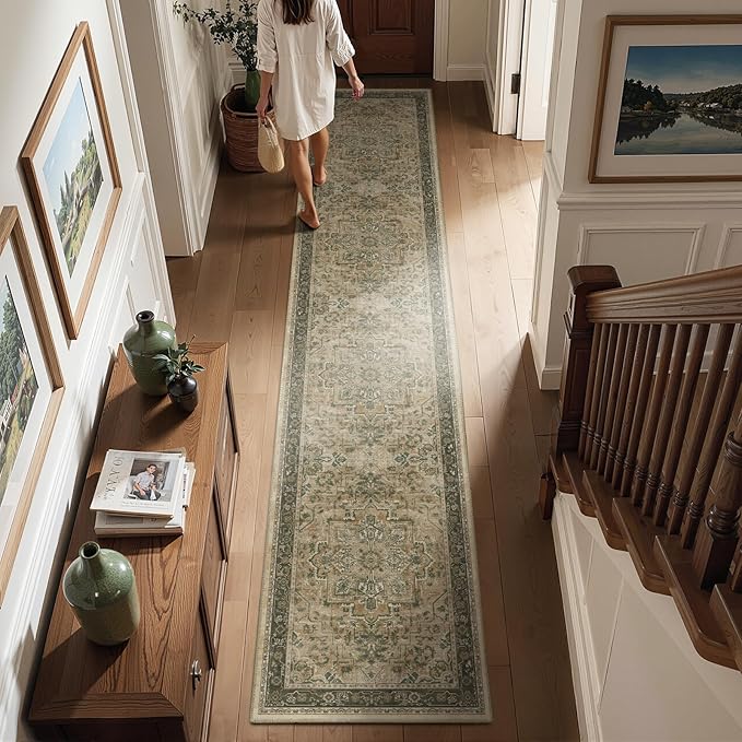 Washable Runner Rug 2x10 for Hallways, Retro Distressed Moody Medallion Long Carpet Runner for Entryway Mudroom, Low Pile Thin Soft Kitchen Bathroom Runner Rug Non Slip, Multi Brown/Slate Green