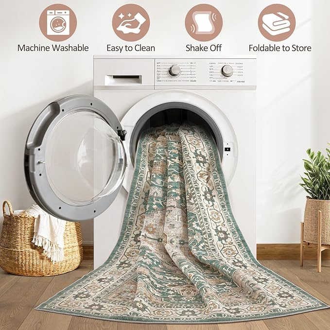 9x12 Area Rug Living Room: Machine Washable Boho Large Vintage Soft Rugs Stain Resistant Farmhouse Oriental Non Slip Indoor Floor Carpet for Bedroom Nursery Kids Playroom Office Dining Room- Green