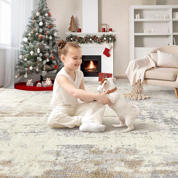 5x8 Area Rug Living Room Rugs - Washable Neutral Modern Abstract Soft Thin Rug Indoor Floor No Slip Rug Carpet for Bedroom Under Dining Table Home Office Decor - Light Brown/Gray