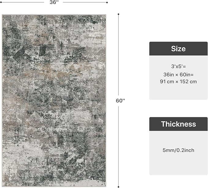 GENIMO 3x5 Rug for Entryway Washable Area Rug, Modern Abstract Small Rugs for Entrance Living Room, Bedroom Beside Rugs, Non-Slip Low Pile Lightweight Soft Carpet, Black Grey