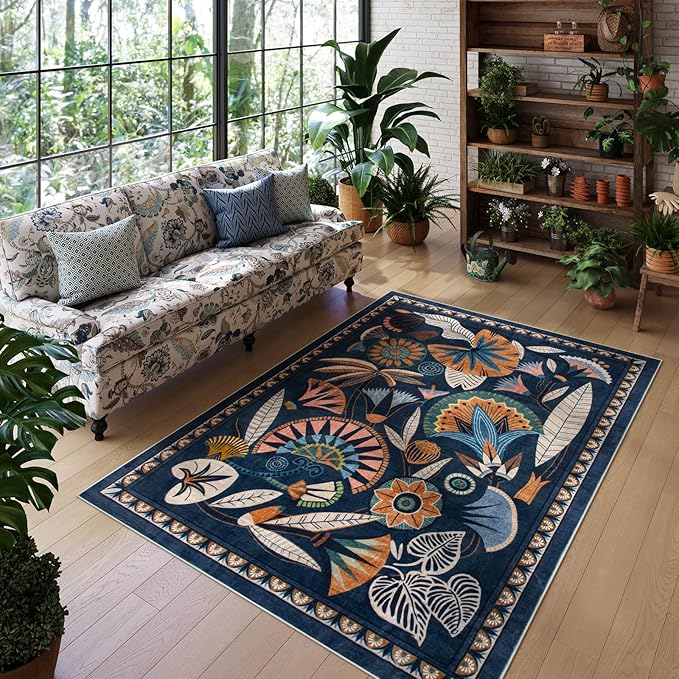Egypt Floral Washable 5x7 Area Rug for Living Room, Large Boho Bedroom Dining Room Rugs for Under Table, Vintage Non Slip Soft Throw Carpet for Playroom Office Apartment (Dark Blue, 5 x 7)