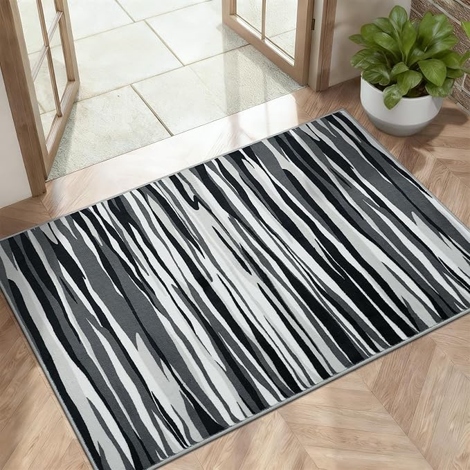 YIHOUSE 2×3 Ft Entryway Rug: Modern Washable Rug - Abstract Small Area Rug for Indoor Entrance Kitchen Floor Home Decor - Nonslip Non-Shedding Striped Rugs, Black Grey & White