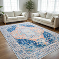 Area Rug for Living Room, 8x10 Machine Washable Non Slip Large Faux Wool Throw Rug, 0.3″ Low Pile & Non-Shedding Boho Large Carpet Rugs for for Dining Room, Bedroom, Office (Blue)