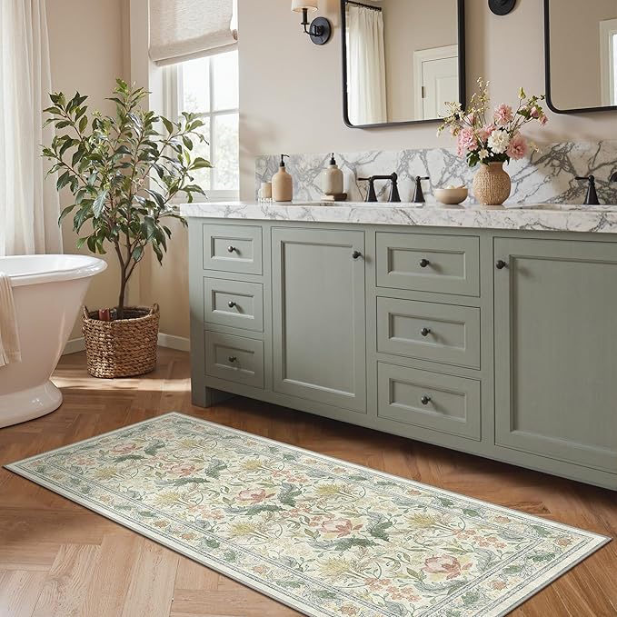 Bavni 2'6''x6 Runner Rug,Microfiber Washable Non-Slip Vintage Floral Rugs,Low Pile Lightweight Carpet for Bedroom,Hallway,Entryway,Kitchen,Bathroom, Beige&Green