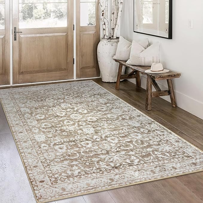 Vintage 4x6 Living Room Washable Rug, Beige Tan White Non-Slip Soft Bedroom Area Rug Thin Printed Faux Wool Floor Super Soft Carpet Throw Rugs for Nursery Playroom Dining Room Indoor Office