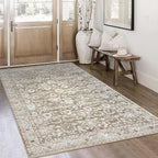Vintage 4x6 Living Room Washable Rug, Beige Tan White Non-Slip Soft Bedroom Area Rug Thin Printed Faux Wool Floor Super Soft Carpet Throw Rugs for Nursery Playroom Dining Room Indoor Office
