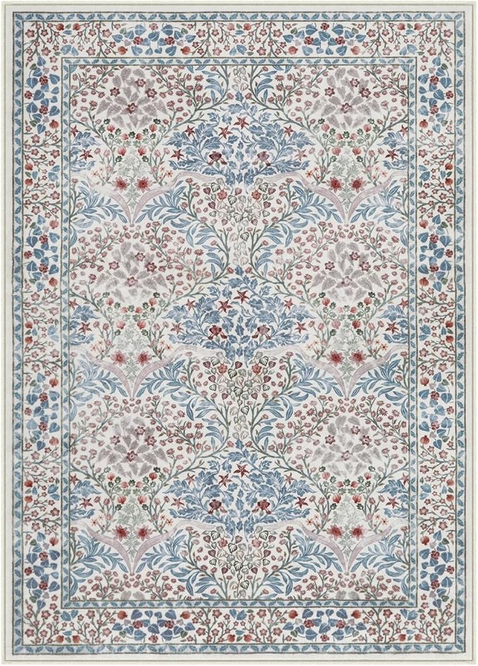 Lahome Floral Washable Area Rugs 5x7, Soft Beige Rugs for Living Room Bedroom, Boho Non Slip Low Pile Forest Design Large Throw Carpet for Farmhouse Dining Room Nursery, Beige/Blue