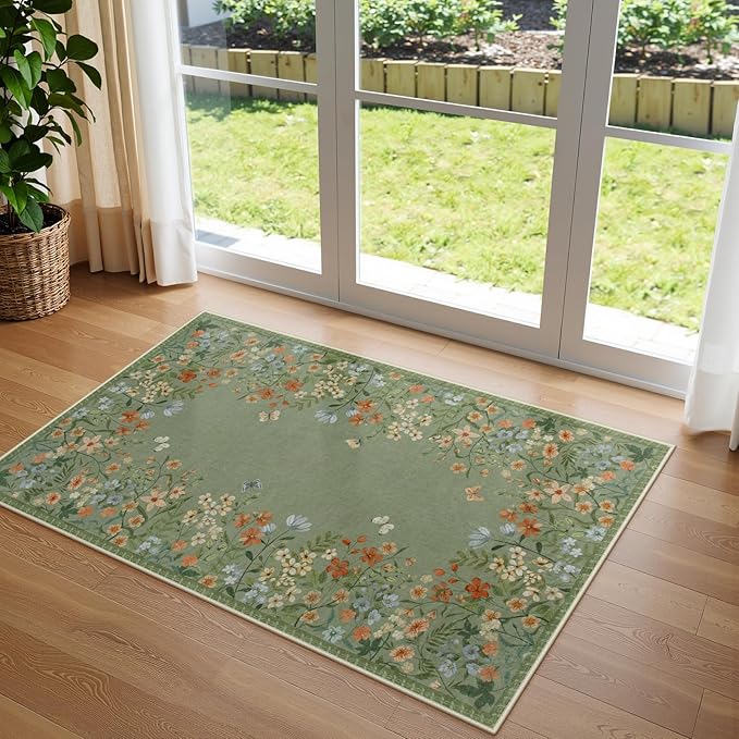 Lahome Boho Floral 3x5 Washable Rugs for Entryway Soft Rug for Bedroom,Green Kitchen Rugs Non Slip Washable,Indoor Carpet Throw Carpet for Bathroom Laundry Living Room Foyer(Green,3x5)