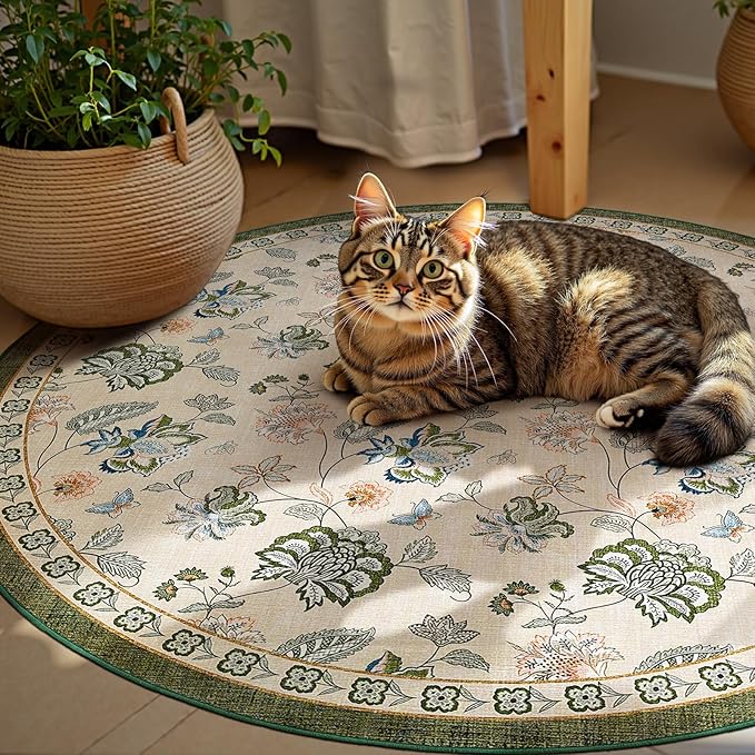 jinchan Elora 4ft Floral Round Rug for Entryway Washable Kitchen Rug Vintage Romance Design Non Slip Indoor Doormat Lightweight Low-Profile Throw Carpet for Living Room Dining Room, Green/Beige