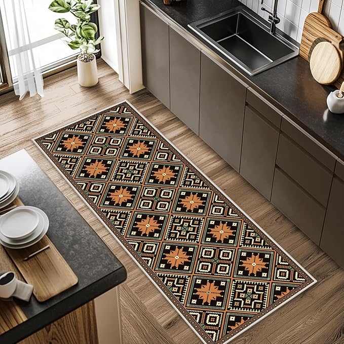 Brown Black Geometric Diamond Pattern Hallway Runner Rug - 2x8ft Soft Washable Rug, Corridor & Foyer High-Traffic Area Rugs, Durable Non-Slip Mat, Ethnic Southwestern Style Home Decor