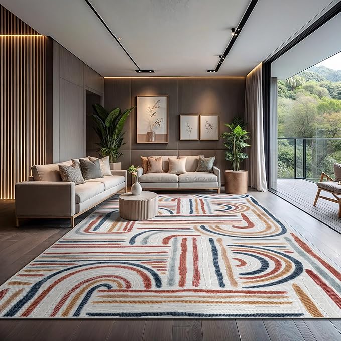 CAMILSON Indoor Outdoor Rug, Multicolor 8x10 Geometric Arch Striped Area Rugs for Patio and Home Areas, Easy-Cleaning Non-Shedding Living Room, Garden and Deck Washable Outside Carpet (8 x 10)
