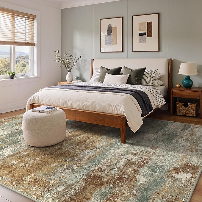 GENIMO Abstract Area Rug 8x10, Washable Large Modern Rug Non Slip, Low Pile Lightweight Soft Carpet for Living Room, Bedroom, Dining Room, Orange Green