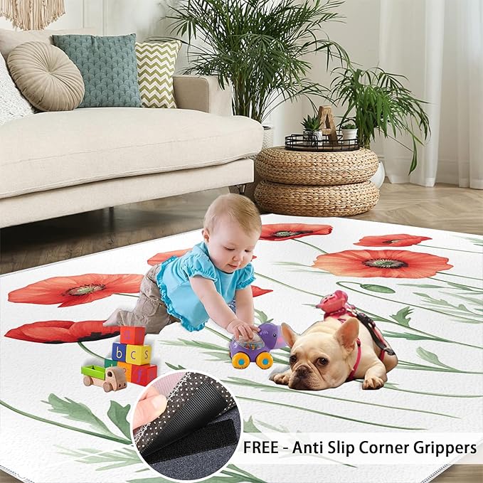 Little Red Flower Rugs for Bedroom - 5x7 Area Rug - Abstract 3D Flowers Rugs for Living Room, Modern Simple Art Rug, Non-Slip Washable Home Decor Carpet