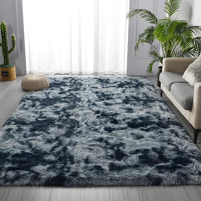 Shag Area Rug, 4 X 6 Tie-Dyed Plush Fuzzy Rugs for Living Room, Ultra Soft Fluffy Furry Rug for Bedroom, Indoor Carpet Nursery Rugs for Kids Room Home Decor, Blue and Grey