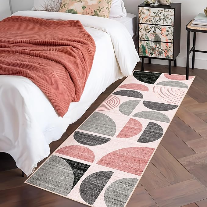MUJOO Pink Runner Rug Washable,Boho 2x6 Area Rugs for Hallways Kitchen Bathroom Bedroom Entryway,Non Slip Carpet Long Mat Indoor,Soft Modern Abstract Pink and Grey