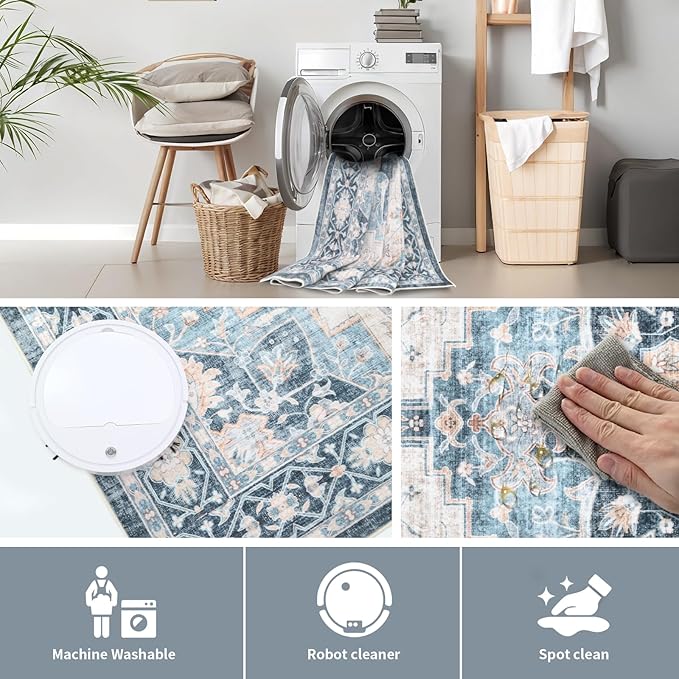 Washable 9×12 Area Rug for Living Room, Vintage Floral Rug Soft Non Slip Stain Resistant Boho Carpet for Indoor Bedroom Dinning Room Home Office Blue/Ivory