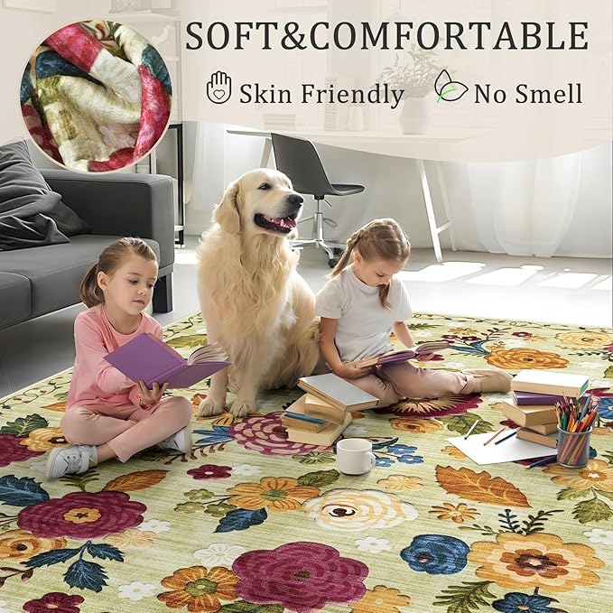 2'6''x8' Machine Washable Runner Rug, Kitchen Hallway Area Rug Green Vintage Boho Floral Ultra Non-Slip Low Pile Soft Faux Wool Carpet, Kids and Pets Friendly for Bedroom Entryway Nursery Decor Rug