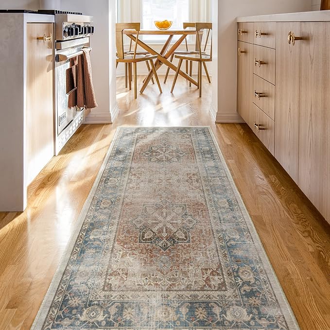 RUGGABLE Washable Vintage Area Rug – Kamran Coral 6 ft Round, Stain-Resistant, Non-Slip – Medium Machine Washable Rugs for Living Room, Bedroom, Hallway, Entryway & Office–with Cushioned Pad