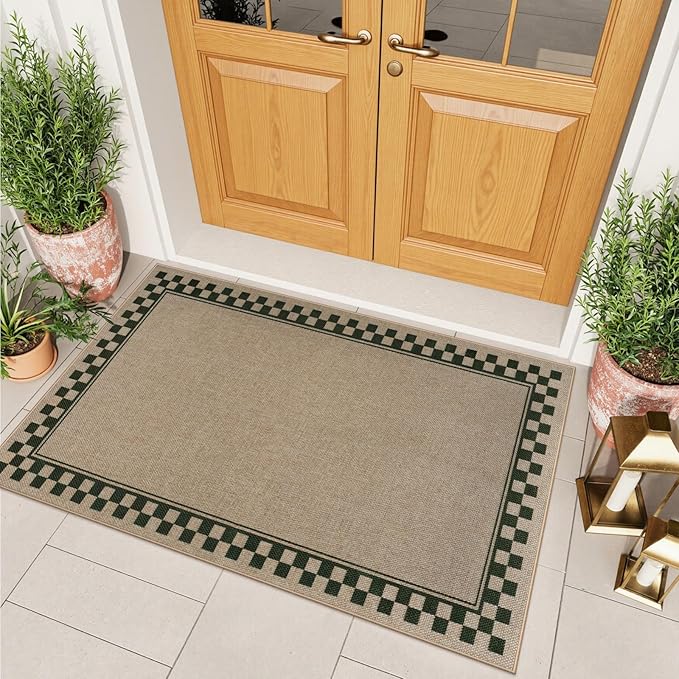 OJIA Easy Jute 3x5 Washable Rugs for Entryway, Farmhouse Checkered Indoor Door Mat Non-Slip Indoor Outdoor Rugs Modern Patio Rug Front Door Mat Outside Entrance Throw Carpet for Entry Porch Decor