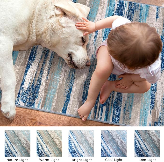 Modern Abstract Runner Rug 3x18, Blue Washable Long Kitchen Runner Non-Slip Soft Hallway Rug Runner Ultra Thin Print Faux Wool Carpet for Entryway Bedroom Laundry Room Indoor Home Decor