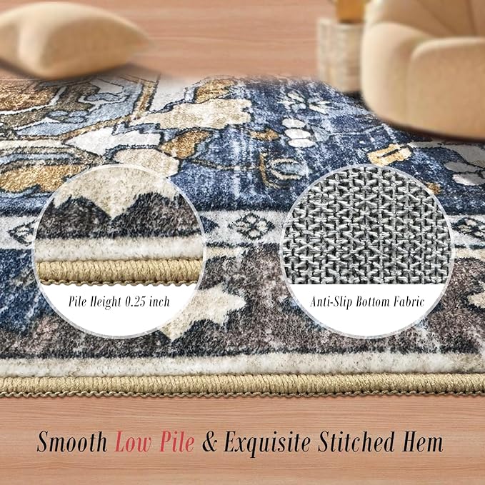 RUGSURE Washable Area Rugs - Perfect for Living Room, Bedroom, Kids Room, Nursery - Stain & Water Resistant Non-Slip, Pet & Child Friendly, Vintage Tribal Area Rugs (Navy, 4' x 6')